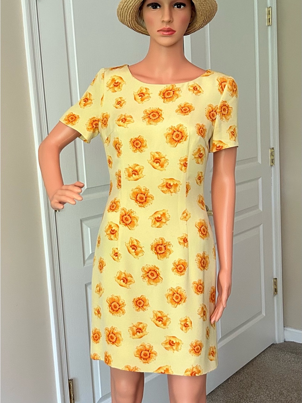 Escada Yellow Floral Short Sleeve Midi Dress